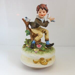 Vintage 70s Berman & Anderson Boy With Birds Music Box Plays Somewhere My Love